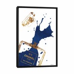Gold Perfume Bottle With Navy Blue Splash by Amanda Greenwood (26"H x 18"W x 1.5"D)