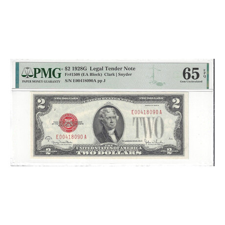 1928 G $ 2 legal Tender PMG 65 EPQ serial # 090