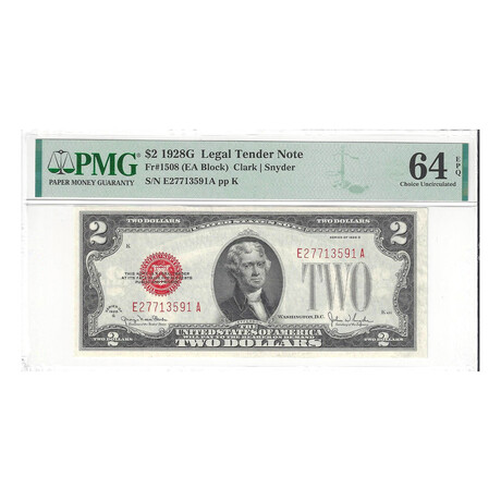 1928 G $ 2 legal Tender PMG 64 EPQ serial # 591