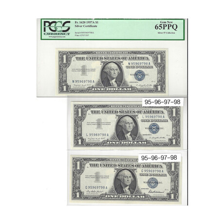 1957, 1957, and 1957 A Silver Certificates  2 Digit Step Up Ladder notes Serial #'s 95969798