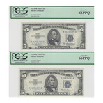 1953 A $ 5 Silver Certificates 8 consecutive 1 x 67 PPQ and 7 x 66 PPQ # 092 - 099
