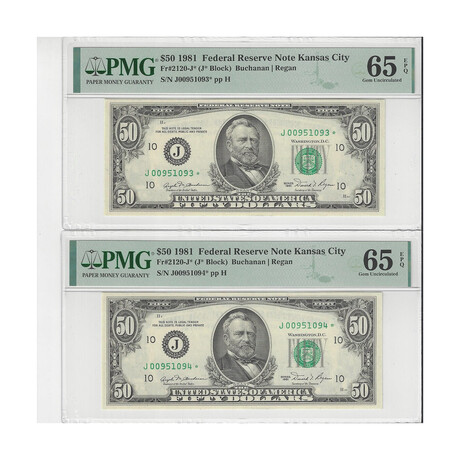 1981 STAR $ 50 Federal Reserve Kansas City PMG 65 EPQ # 093 - 094