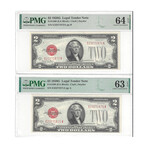 1928 G $ 2 legal Tender consecutive pair PMG 63 EPQ and 64 PPQ serial # 871 - 872