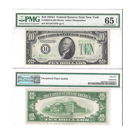 1934 A $ 10 Federal Reserve New York PMG 65 EPQ