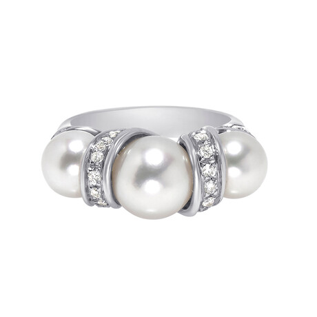 18K White Gold Cultured Pearl + Diamond Statement Ring // Ring Size: 6 // New