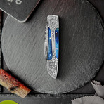 6.5" Handmade Blue Wood Handle + Filework On Backside // Damascus Pocket Knife // Leather Sheath