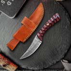 8′ Handmade Red Grooved Handle // Damascus Steel Hunting Knife // Leather Sheath