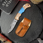 6.5" Handmade Olive Wood Turquoise Handle // Damascus Pocket Knife // Leather Sheath