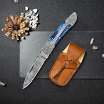 6.5" Handmade Blue Wood Handle + Filework On Backside // Damascus Pocket Knife // Leather Sheath