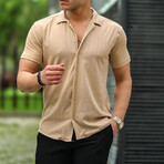 Stripe Patterned Short Sleeve Fit Shirt // Beige (2XL)