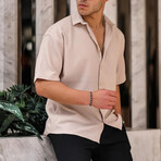 Oversize Ribbed Short Sleeve Shirt // Beige (M)