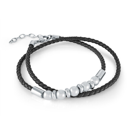 Steel Bracelet with Swarovski Pearl  // Black Leather // 3mm // Silver // 7.5" + 1"