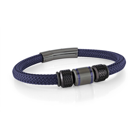 Steel Brushed Beads Bracelet with Blure Rubber  // Gunmetal (7.75")