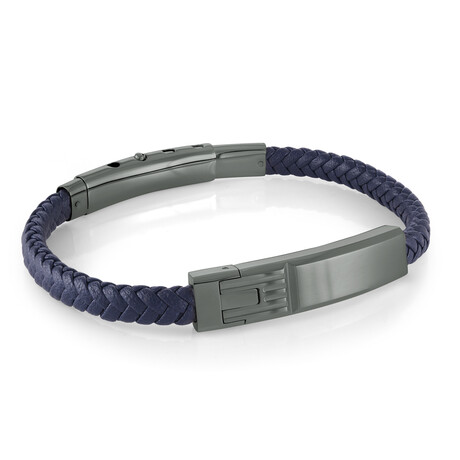Polished Steel Adj Bracelet // Blue Leather // Gunmetal // 7.5"