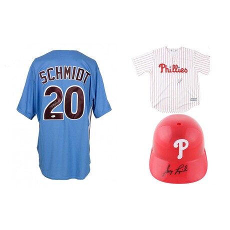 Mike Schmidt Signed Phillies Majestic Jersey, Greg Luzinski Signed Phillies Jersey, & Greg Luzinski Signed Phillies Full-Size Batting Helmet