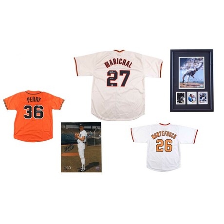 Juan Marichal Signed Jersey, Gaylord Perry Signed Giants Jersey, Juan Marichal Signed Giants Custom Framed Photo Display, Willie Mays & Buster Posey Trading Cards, John Montefusco Signed Yankees 8x10 Photo, & John Montefusco Signed Giants Jersey