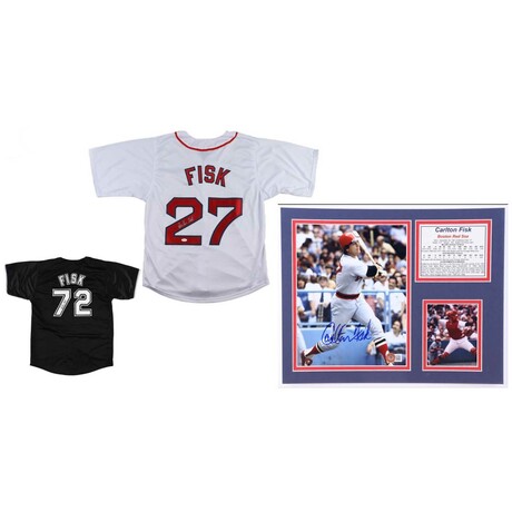 Carlton Fisk Signed Red Sox Jersey, Carlton Fisk Signed Red Sox Custom Matted Photo Display, & Carlton Fisk Signed White Sox Jersey
