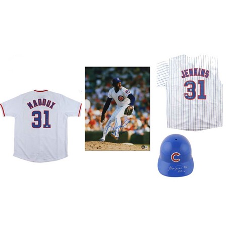 Greg Maddux Signed Cubs Jersey, Lee Smith Signed Cubs 11x14 Photo, Fergie Jenkins Signed Cubs Jersey, & Fergie Jenkins Signed Cubs Full-Size Batting Helmet