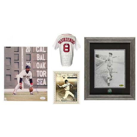 Ted Williams Signed Custom Framed Photo Display, Carl Yastrzemski Signed Red Sox Jersey, Carl Yastrzemski Signed Red Sox Custom Framed Photo, & Jim Rice Signed Red Sox 8x10 Photo