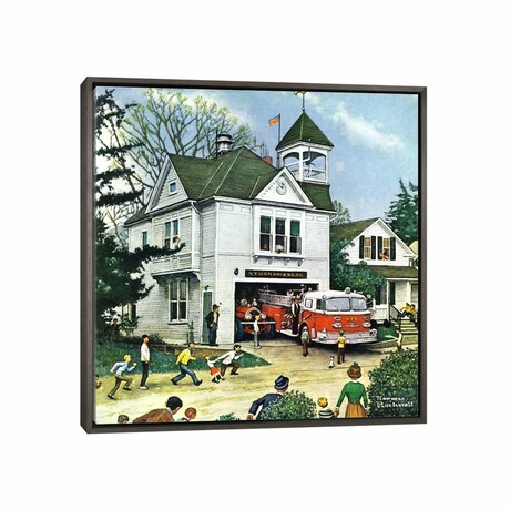 The New American LaFrance is Here (Firehouse) by Norman Rockwell (12"H x 12"W x 1.5"D)