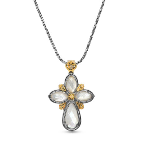 Sterling Silver + 18K Yellow Gold Mother Of Pearl Cross Pendant Necklace // 19" // Store Display