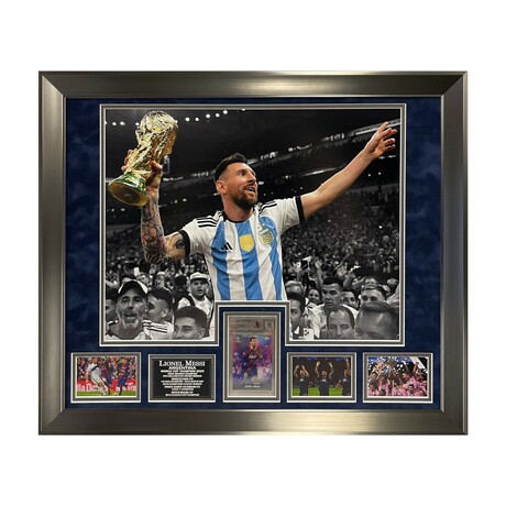 Lionel Messi // Autographed 2021 Topps Football Festival Steve Aoki UEFA Champions League Card + Framed Collage