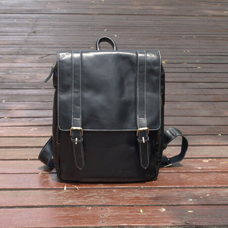 Genuine Leather Backpack With Straps Detail // Black
