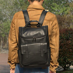 Top Zip Open Leather Backpack // Black