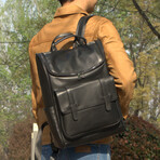 Top Zip Open Leather Backpack // Black