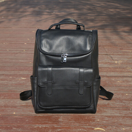 Top Zip Open Leather Backpack // Black