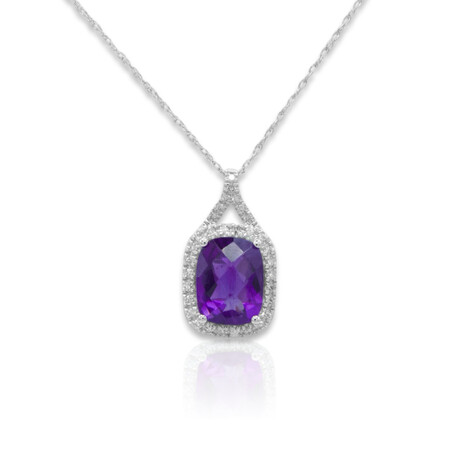 14K White Gold Amethyst + Diamond Pendant Necklace // 18" // New