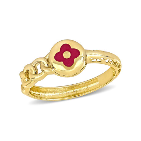 Pink Enamel Flower Link Ring // 14k Yellow Gold (5.5)