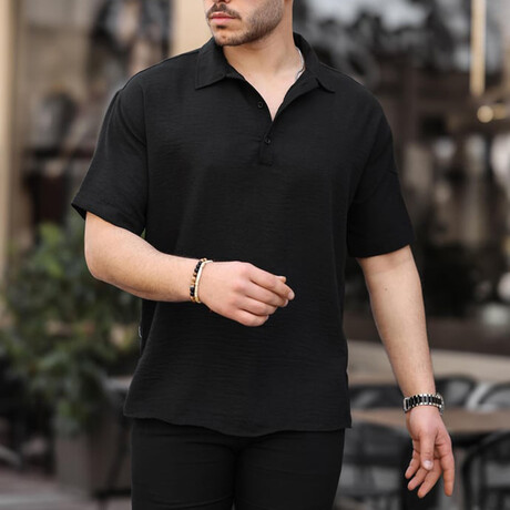 Polo Neck Oversize Half Patchwork Bamboo Short Sleeve Shirt // Black (S)