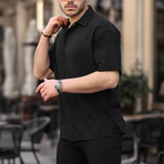 Polo Neck Oversize Half Patchwork Bamboo Short Sleeve Shirt // Black (L)