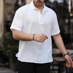 Polo Neck Oversize Half Patchwork Bamboo Short Sleeve Shirt // White (M)