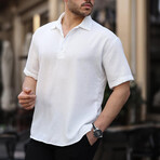 Polo Neck Oversize Half Patchwork Bamboo Short Sleeve Shirt // White (M)