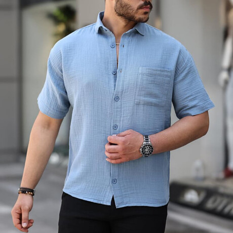 Oversize Muslin Fabric Single Pocket Shirt // Cold-Blue (S)