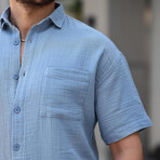 Oversize Muslin Fabric Single Pocket Shirt // Cold-Blue (S)