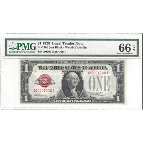 1928 $ 1 Legal Tender Low Serial Number PMG 66 EPQ # 038