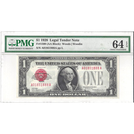 1928 $ 1 Legal Tender Lucky 888 PMG 64 EPQ # 888