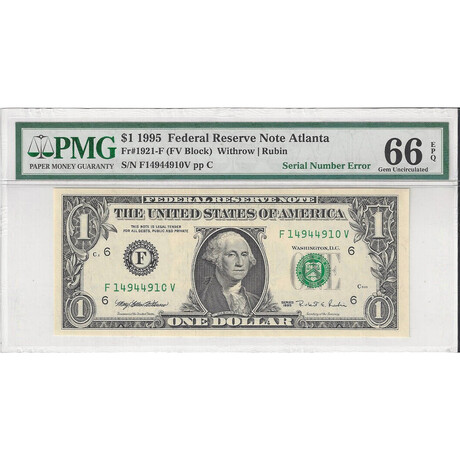 1995 $ 1 Federal Reserve Atlanta ERROR NOTE PMG 66 EPQ # 910