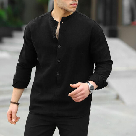 Half Patch Collar Muslin Fabric Shirt // Black (S)