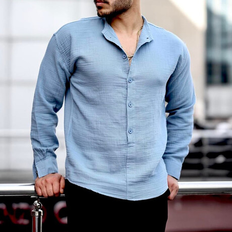 Monk Collar Textured Long-Sleeve Button-Up Shirt // Cold Blue (S)