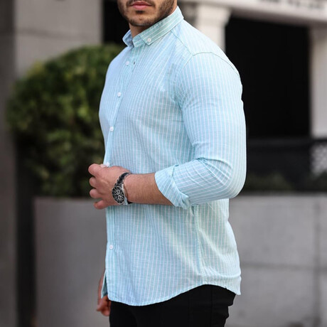 Carina Striped Cotton Long Sleeve Shirt // Turquoise (S)