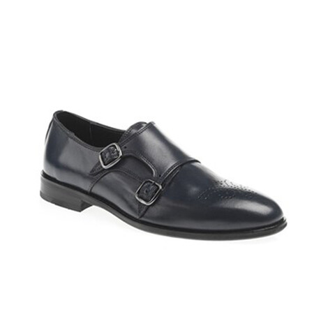 Genuine Leather Double Monk Strap Brogue Shoes // Navy Blue (Euro: 40)