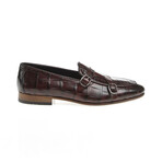 Genuine Leather Double Monk Strap Shoes // Crocodile Pattern // Burgundy (Euro: 42)