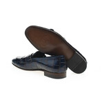 Genuine Leather Double Monk Strap Shoes // Crocodile Pattern // Navy Blue (Euro: 44)