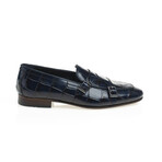 Genuine Leather Double Monk Strap Shoes // Crocodile Pattern // Navy Blue (Euro: 42)