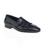 Genuine Leather Double Monk Strap Shoes // Crocodile Pattern // Navy Blue (Euro: 44)