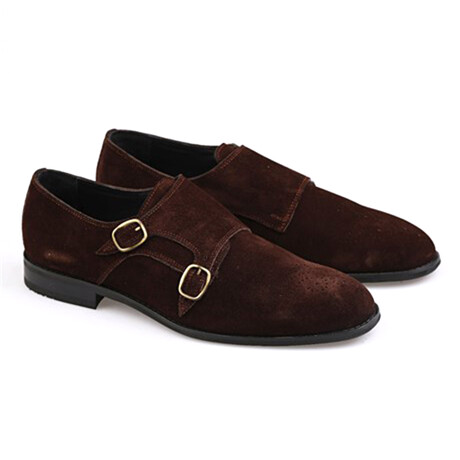 Genuine Suede Leather Double Monk Strap Brogue Shoes // Dark Brown (Euro: 40)